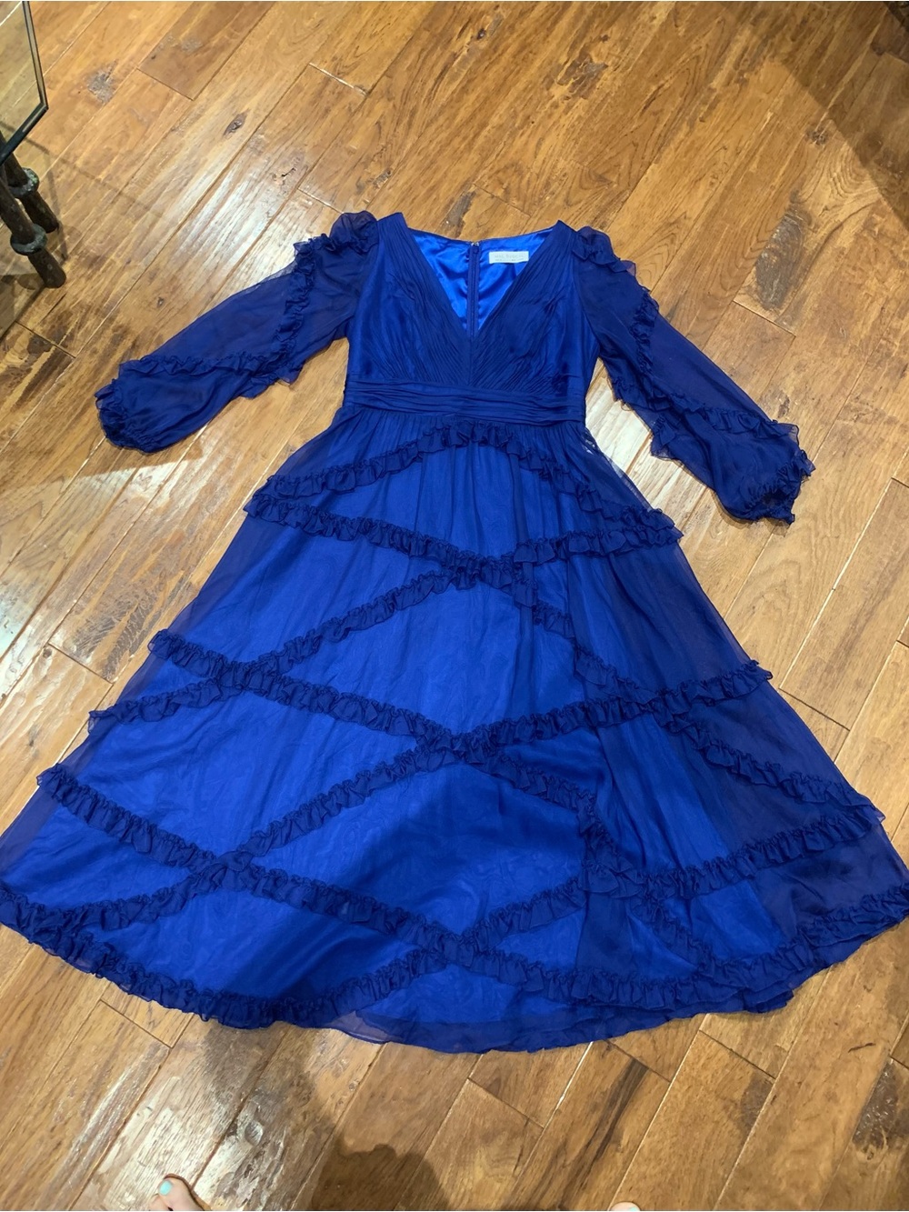 Mac Duggal Royal Blue Ruffled V-Neck Midi Dress